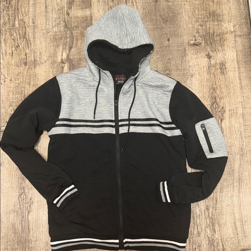 Black and Gray Zip Up Sweater with Sporty Stripes